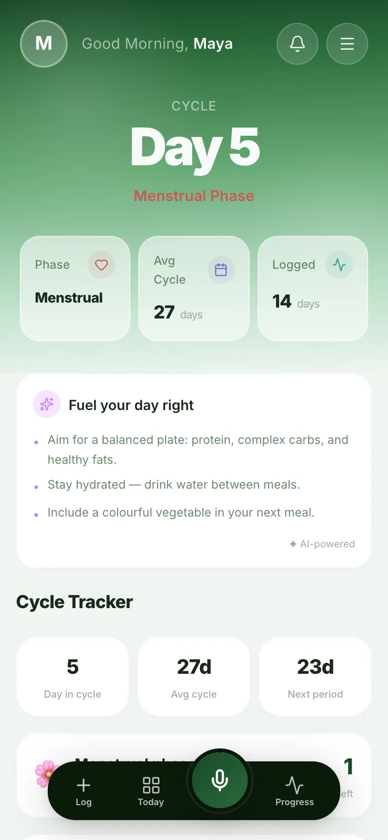 tr8ck Cycle module showing cycle day and phase