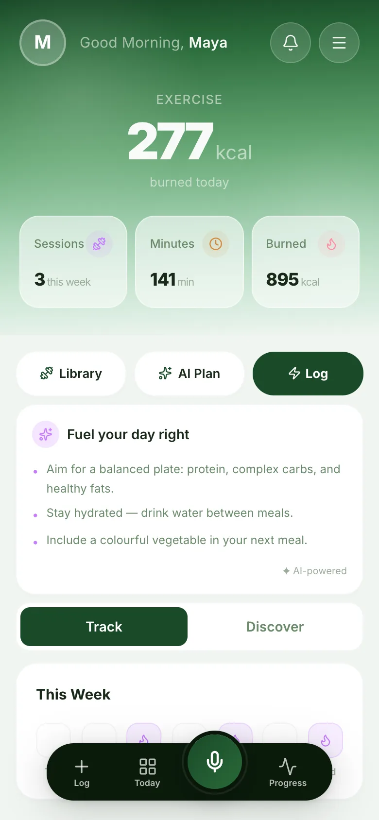 tr8ck Exercise module showing calories burned and sessions