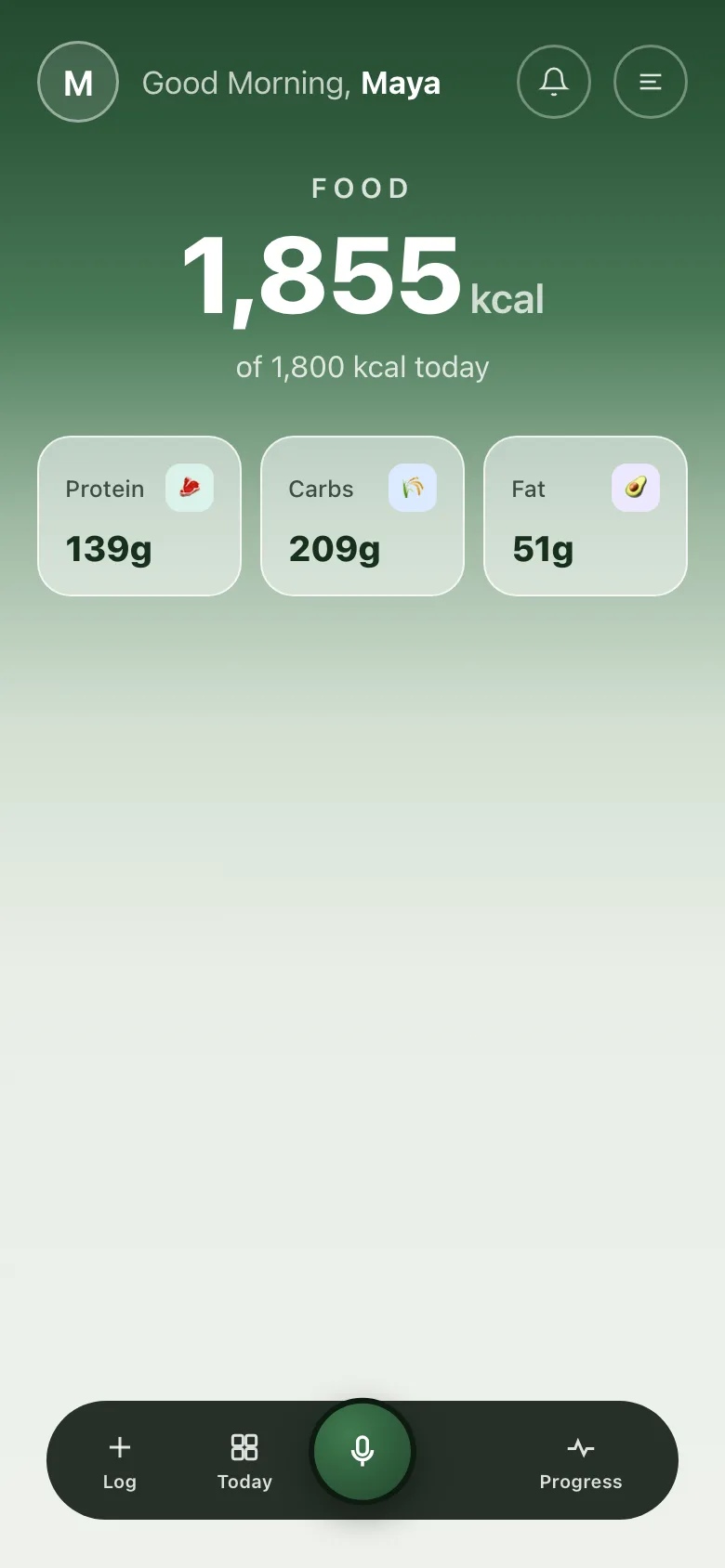 tr8ck Food module showing calories and macros