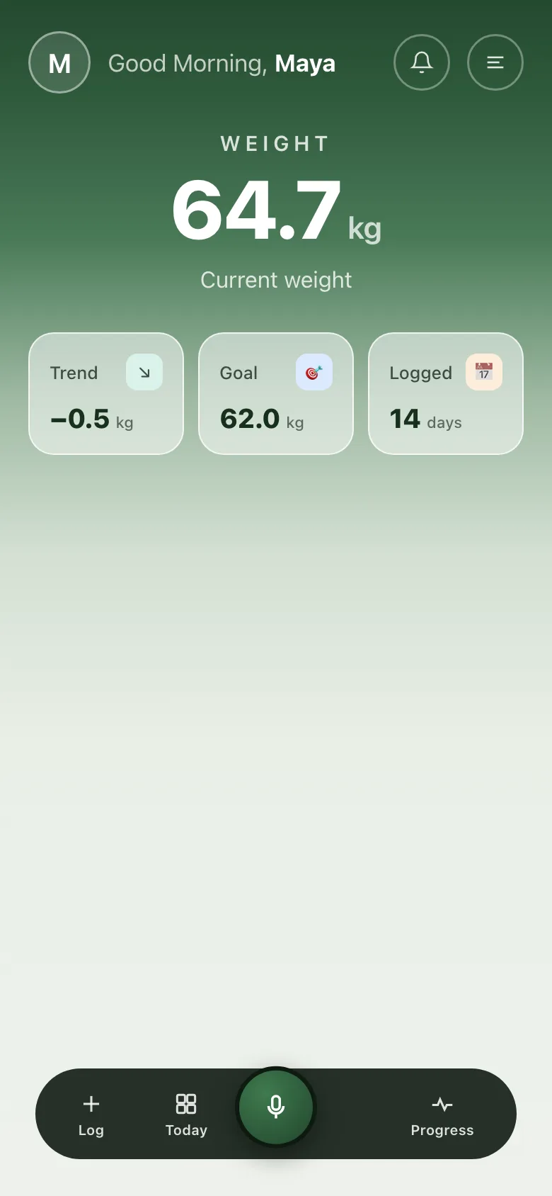 tr8ck Weight module showing current weight and trend
