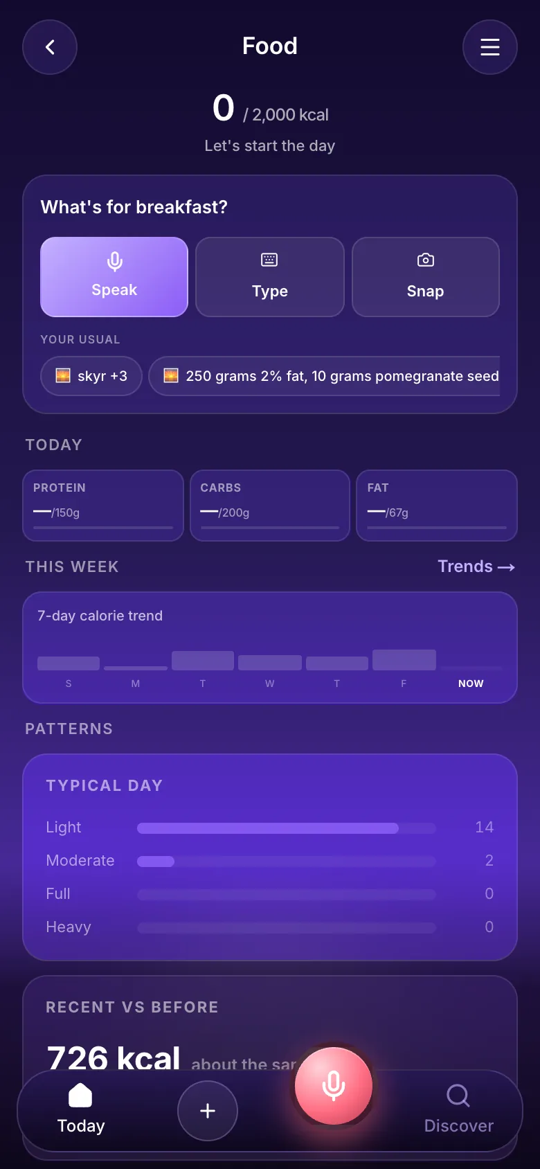tr8ck Food screen with Speak, Type and Snap logging and macros for the day